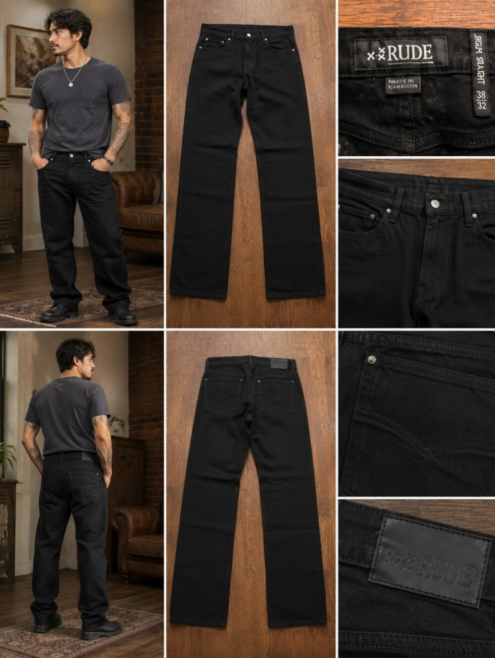 RUDE Black Straight-Leg Jeans for Men – Classic Black Denim 38x32